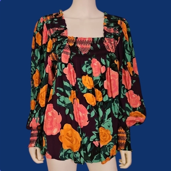PLENTY Floral Smocked Balloon Sleeve Off Shoulder Square Neck Top - Picture 1 of 9
